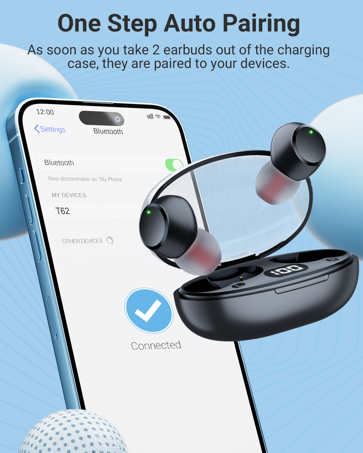 Wireless Bluetooth Earbuds Headphones 5.3 Mini Ear Buds IPX7 Waterproof Earbud Workout Earphones with LED Display Charging Case Sports Headset Touch Control Stereo Sound for Gym Exercise Running Black
