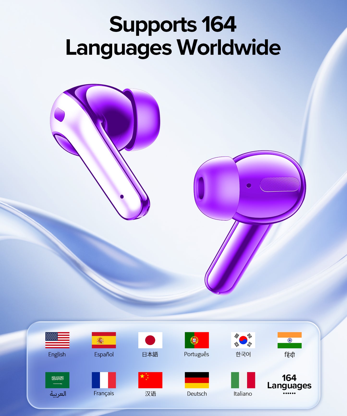 AI Translation Earbuds Real Time Translator Wireless Earbuds Headphones for Traveling Abroad Learning Languages Attending Meetings Managing Global Business Digital Display Charging Case Purple