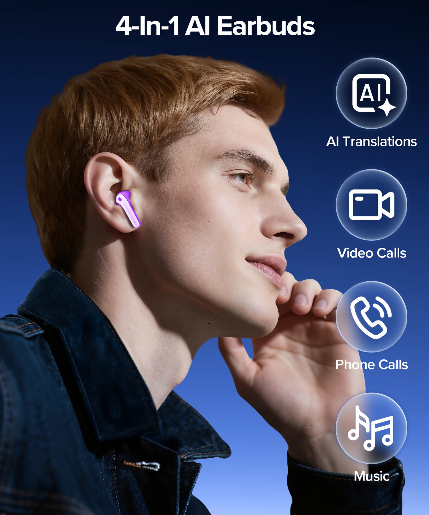 AI Translation Earbuds Real Time Translator Wireless Earbuds Headphones for Traveling Abroad Learning Languages Attending Meetings Managing Global Business Digital Display Charging Case Purple