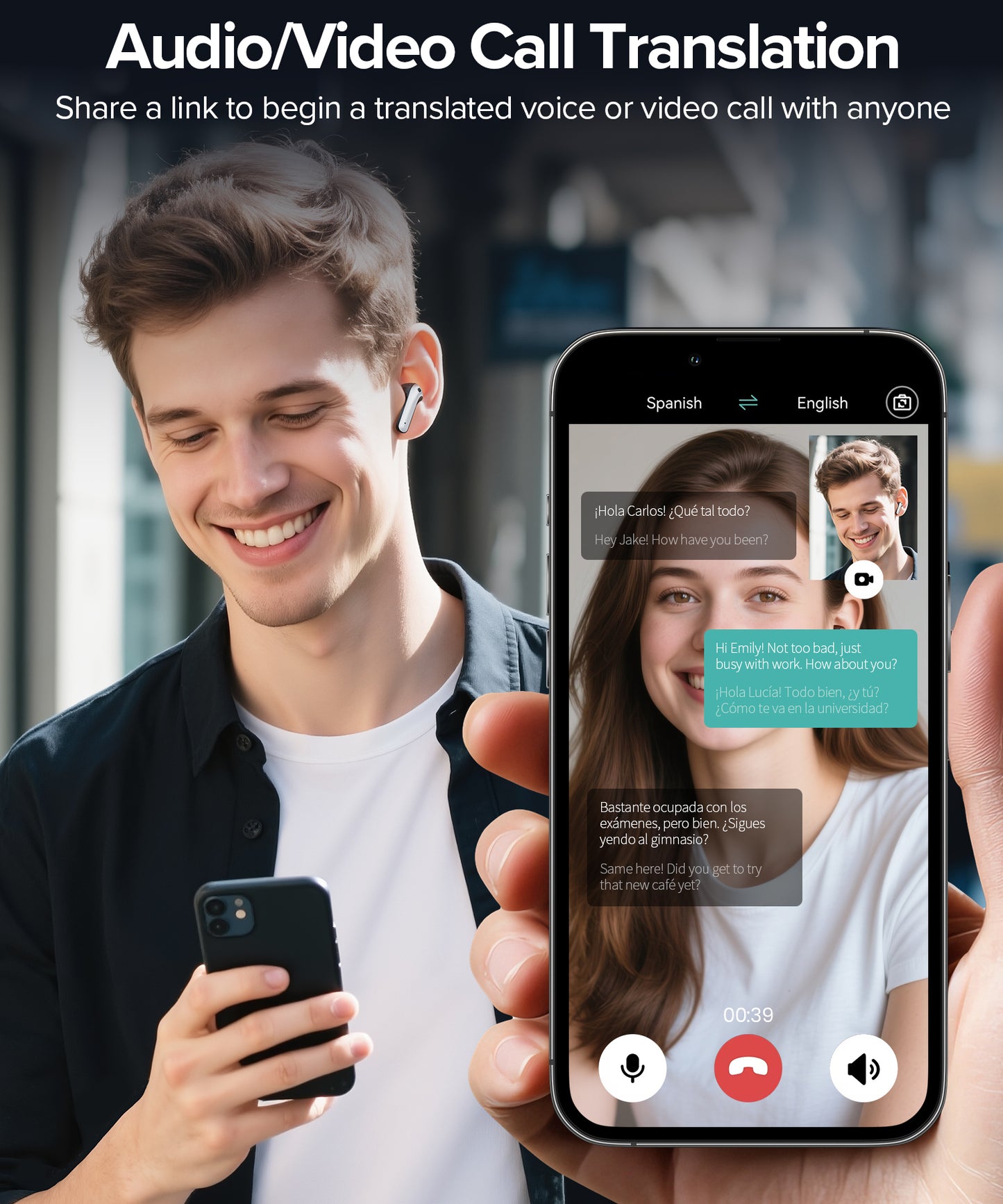 AI Translation Earbuds Real Time 164 Languages Translator Ear Buds Audifonos Traductores Inglés Español 70H Playtime Wireless Earphones AI Bluetooth Headphones for Travel Meeting Learning Black