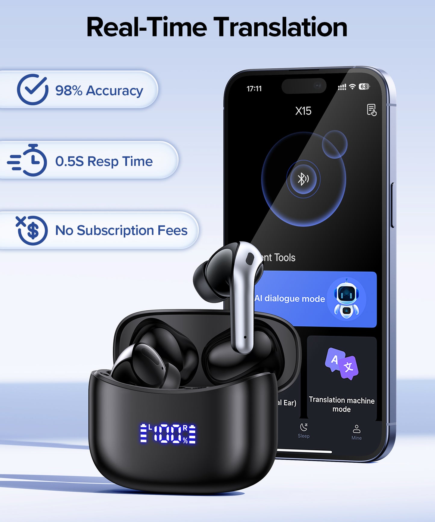 AI Translation Earbuds Real Time 164 Languages Translator Ear Buds Audifonos Traductores Inglés Español 70H Playtime Wireless Earphones AI Bluetooth Headphones for Travel Meeting Learning Black