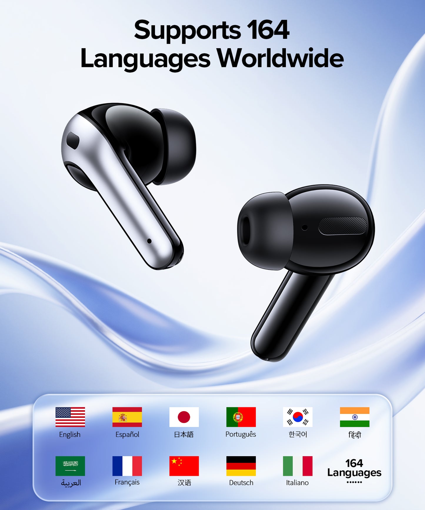 AI Translation Earbuds Real Time 164 Languages Translator Ear Buds Audifonos Traductores Inglés Español 70H Playtime Wireless Earphones AI Bluetooth Headphones for Travel Meeting Learning Black