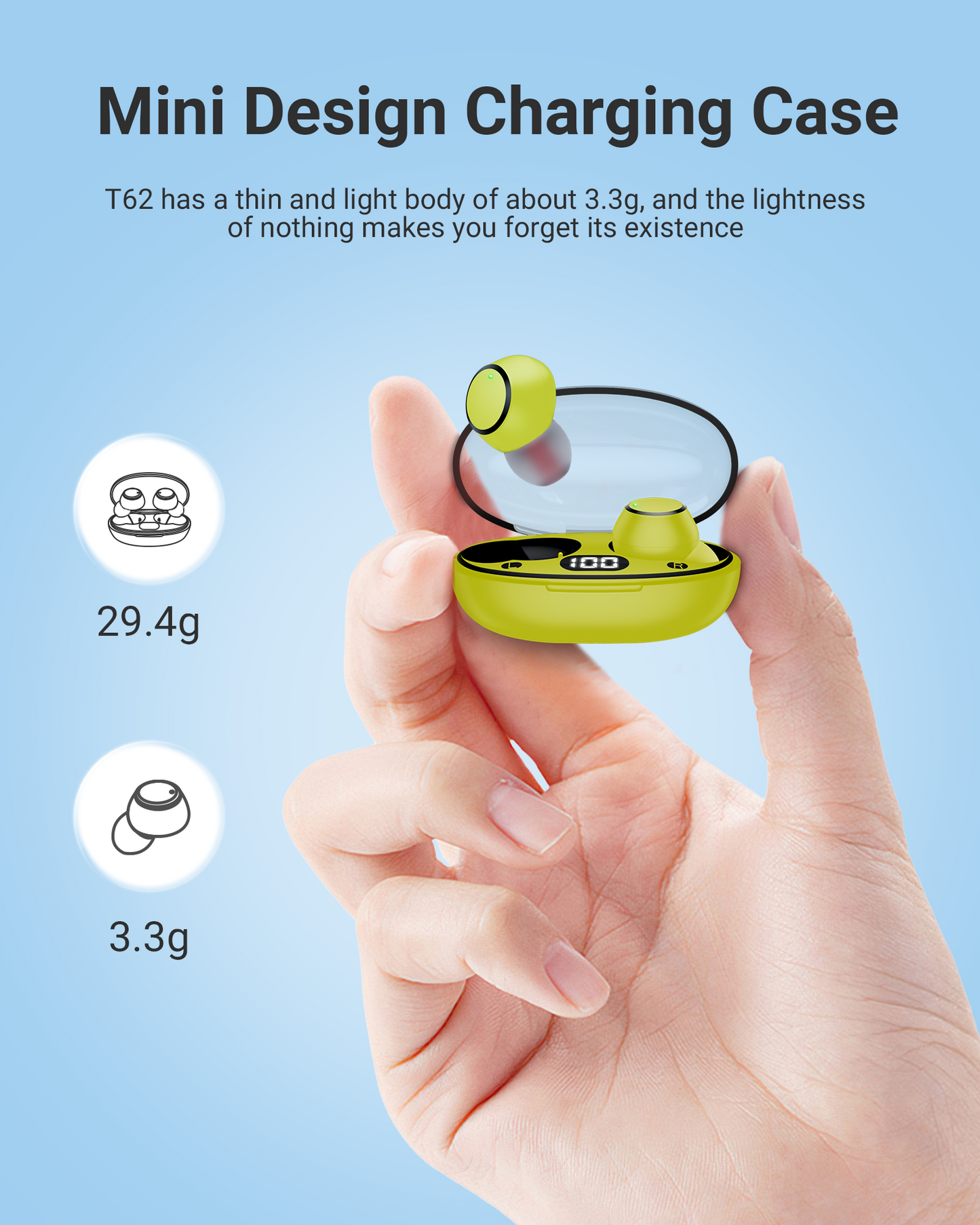 Wireless Bluetooth Earbuds Headphones 5.3 Mini Ear Buds IPX7 Waterproof Earbud Workout Earphones with LED Display Charging Case Sports Headset Yellow